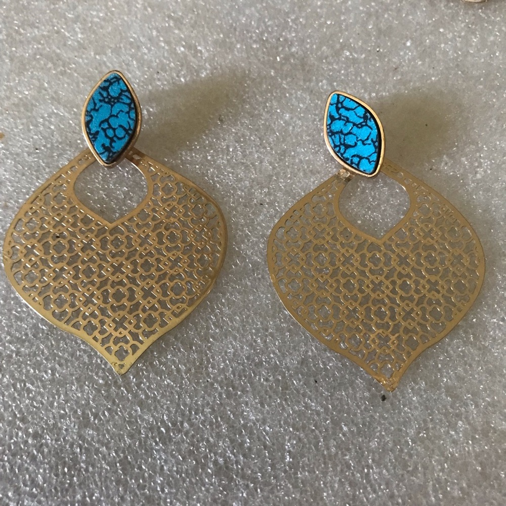 Gold Filigree Drop Earrings with Turquoise Stone Accent